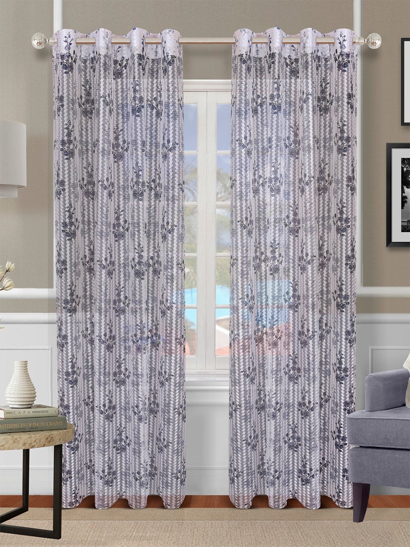 Floral Printed Polyester Door Curtain Set of 2, Blue & Grey